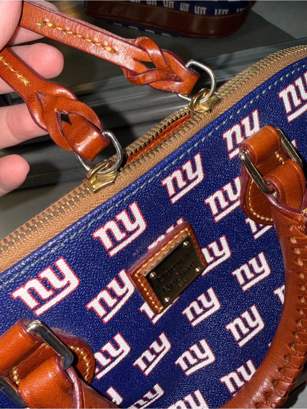 Dooney & Bourke Navy NY Giants Logo Satchel with Brown Trim and Red Interior - Picture 11 of 14